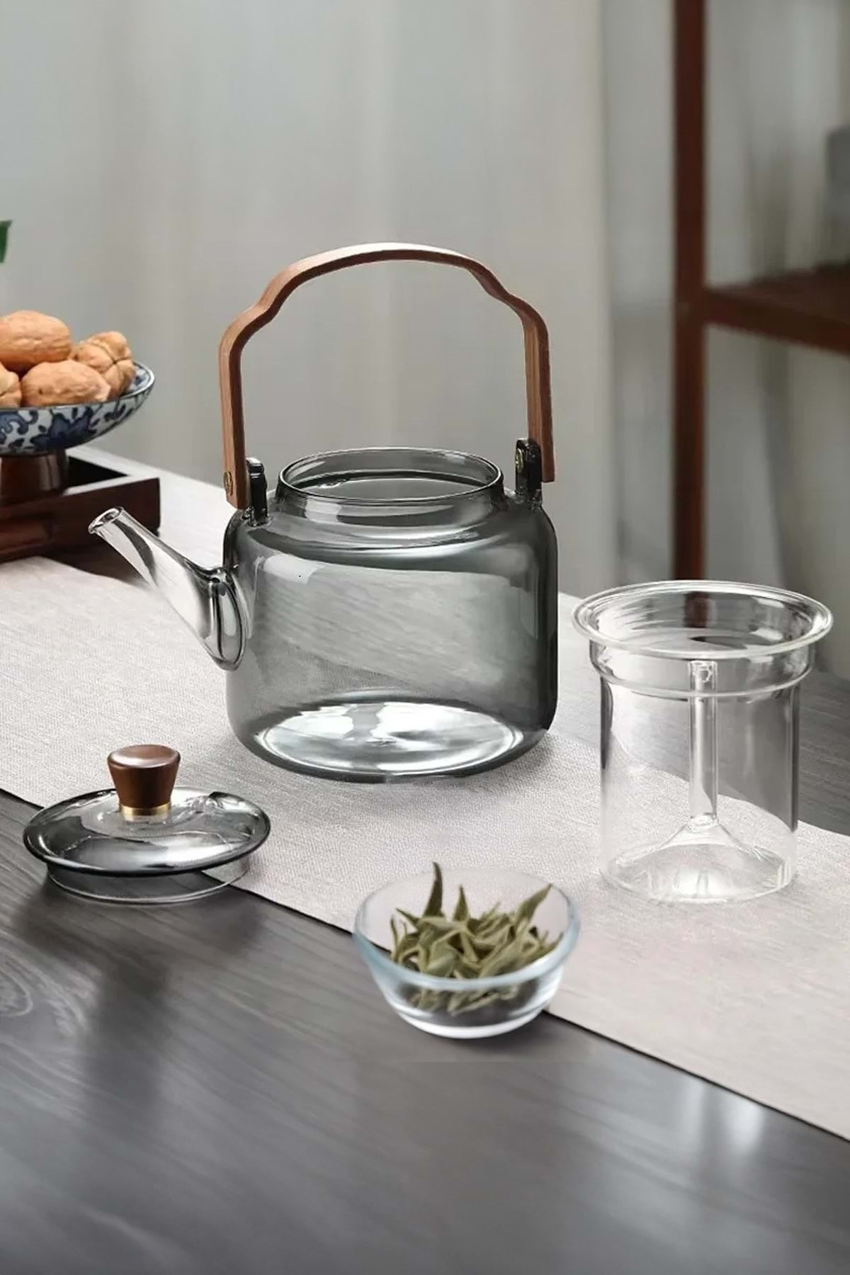 "Artisan" Ahşap Saplı Füme Cam Demlik 1200 ML